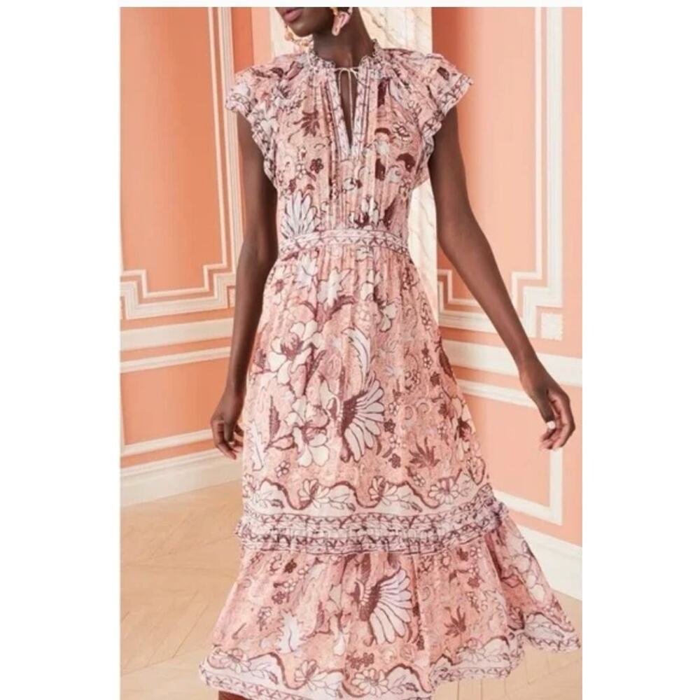ULLA JOHNSON Sz 10 Celestia Blush Pink Print Silk Short Sleeve Midi Dress
